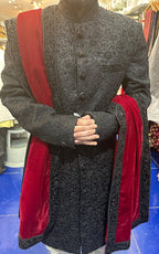 Geeta Arts Black Embroidered Sherwani with Velvet Maroon Dupatta
