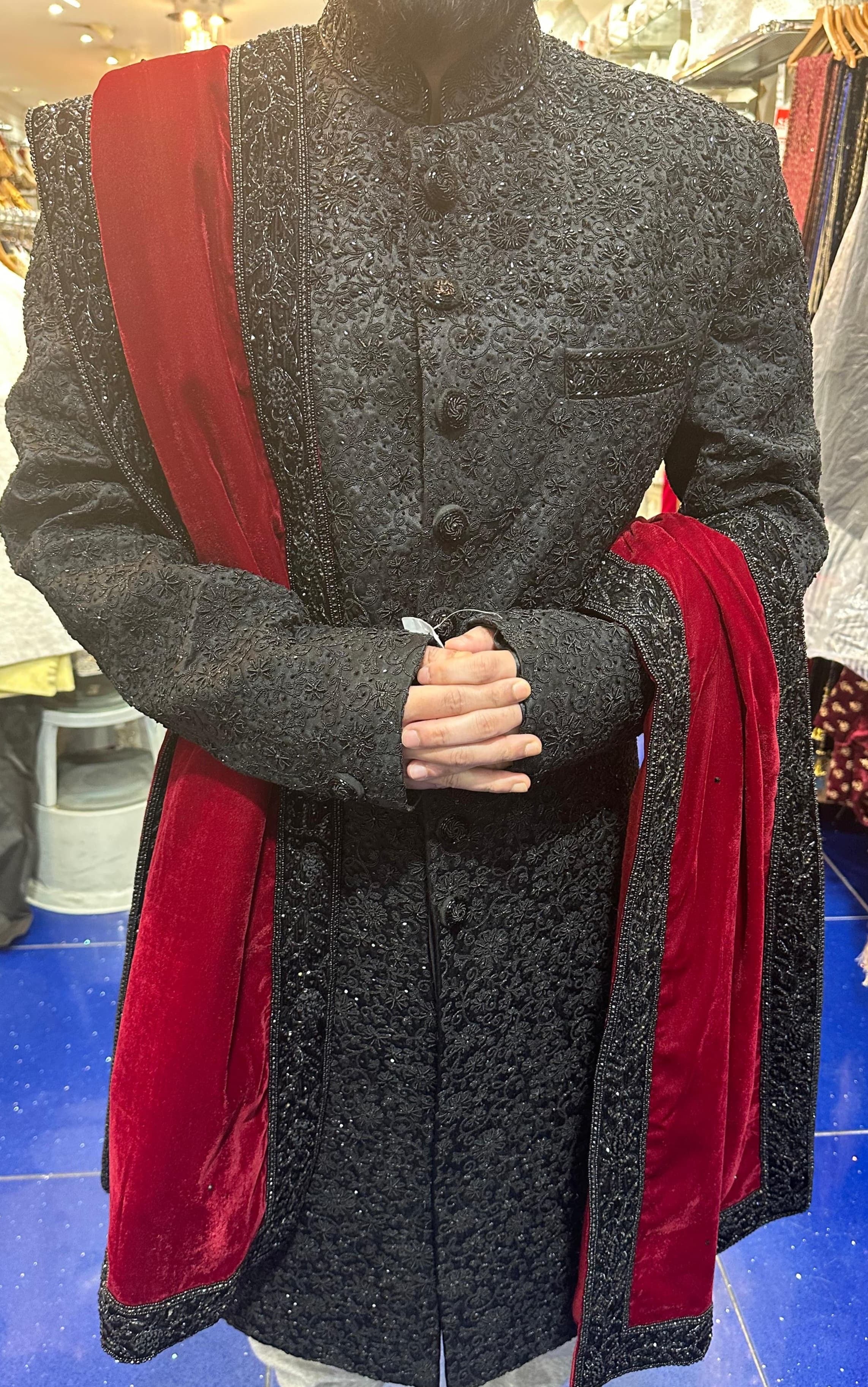 Geeta Arts Black Embroidered Sherwani with Velvet Maroon Dupatta