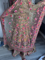 Sage green and pink lengha with very heavy embellished dupatta