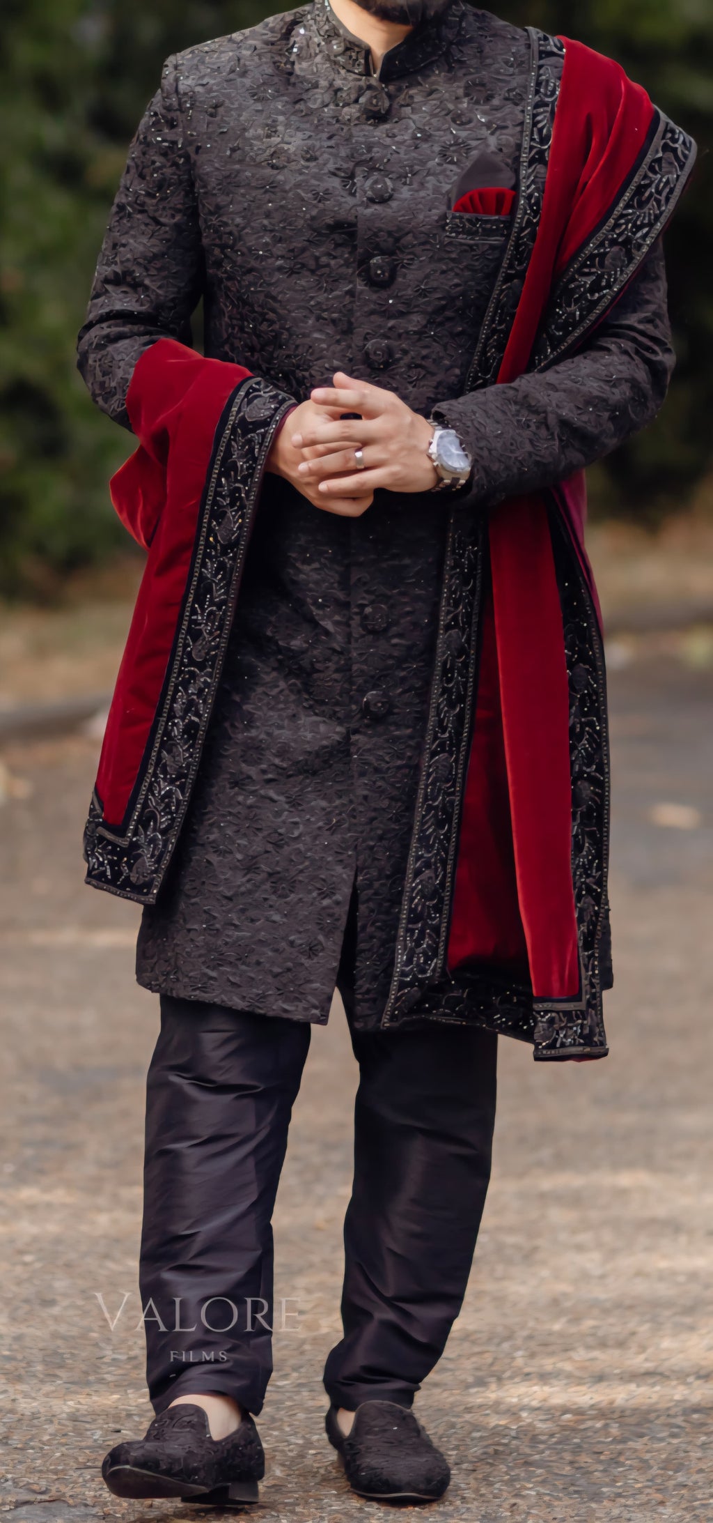 Geeta Arts Black Embroidered Sherwani with Velvet Maroon Dupatta