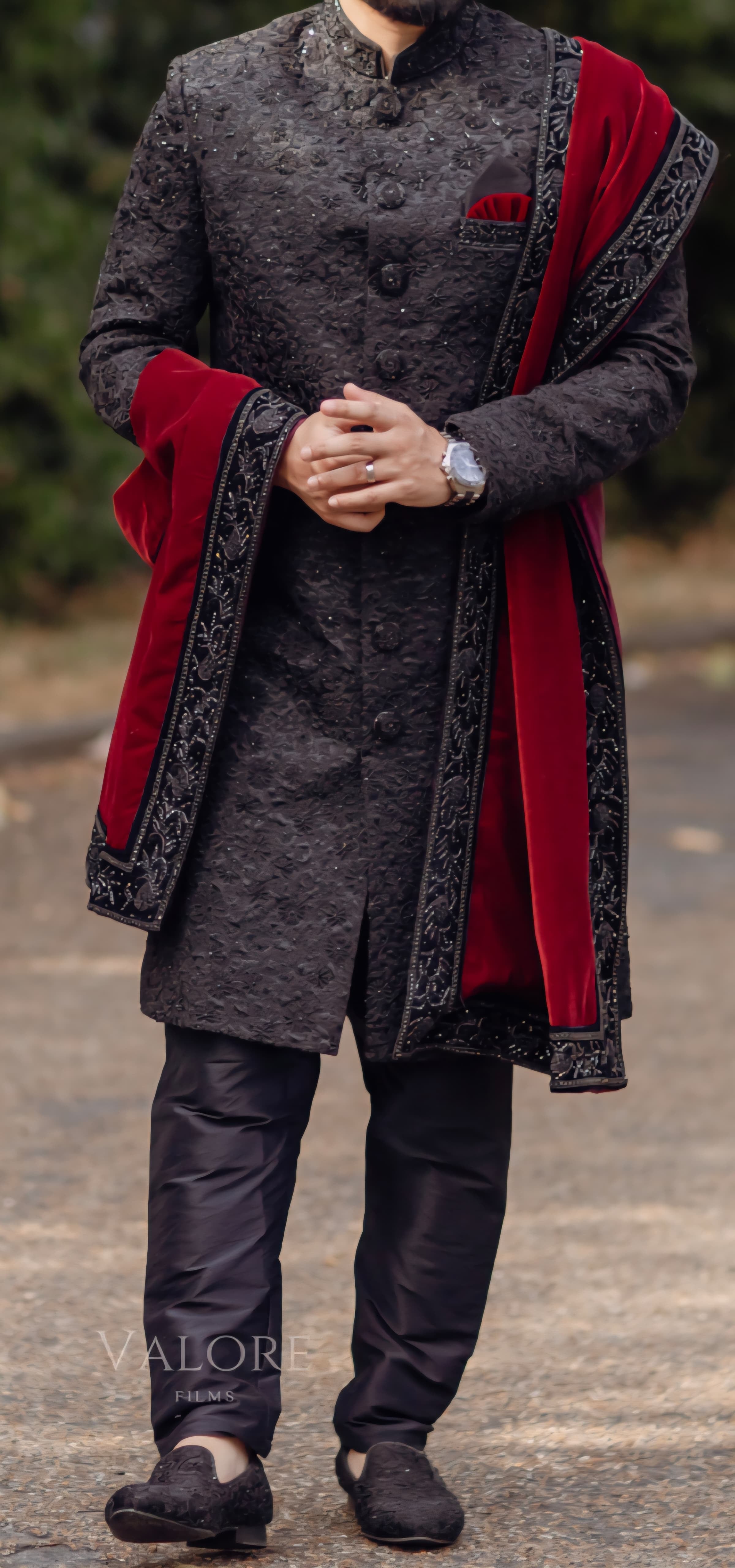 Geeta Arts Black Embroidered Sherwani with Velvet Maroon Dupatta