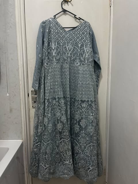 Dusty Blue Embroidered Long Dress