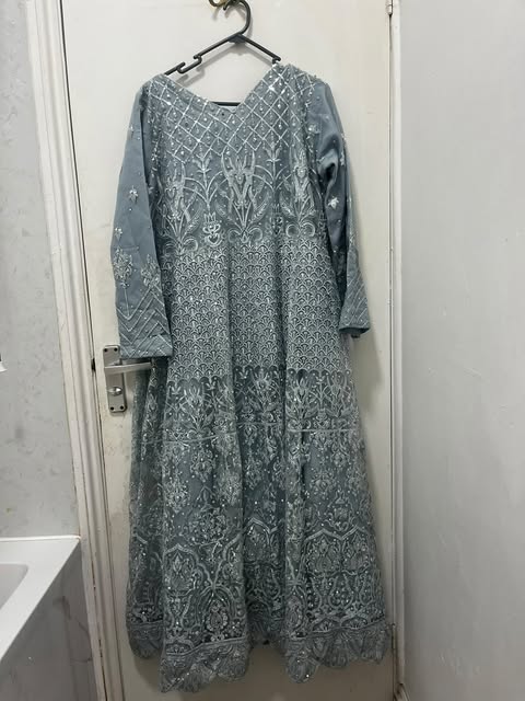 Dusty Blue Embroidered Long Dress