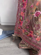 Sage green and pink lengha with very heavy embellished dupatta