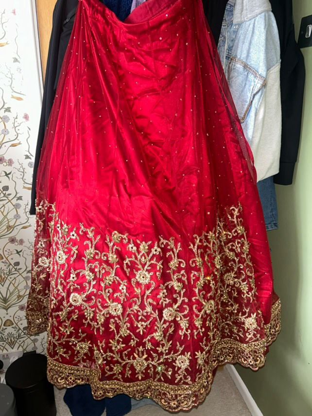Bridal Lehenga – Deep Red & Gold Embellished Ensemble