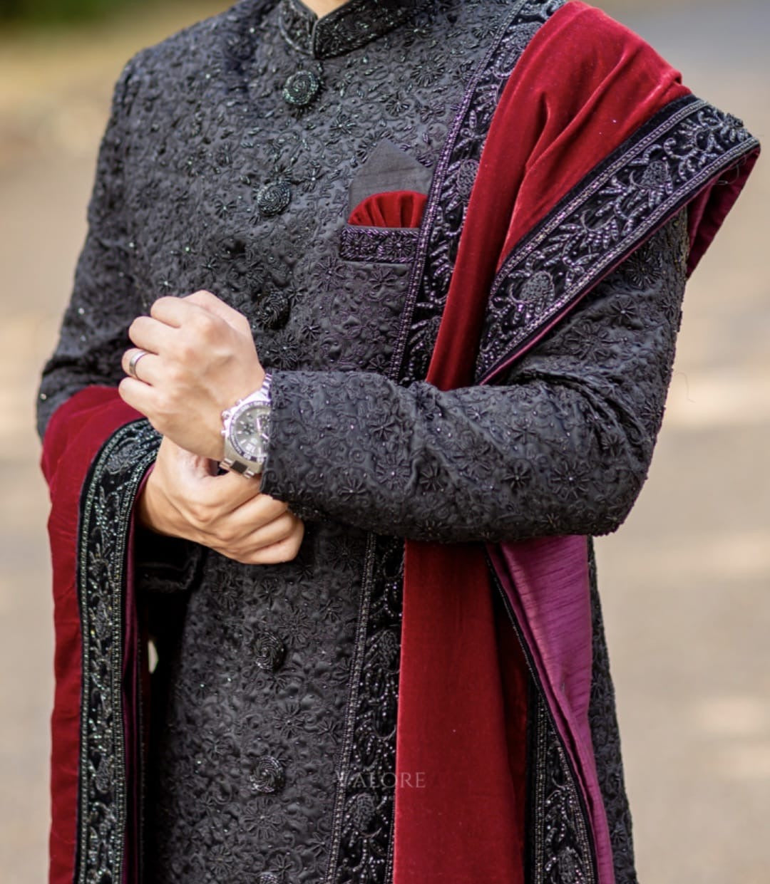 Geeta Arts Black Embroidered Sherwani with Velvet Maroon Dupatta