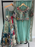 Pastel Green Multi-Coloured Embroidered Lengha with Dupatta