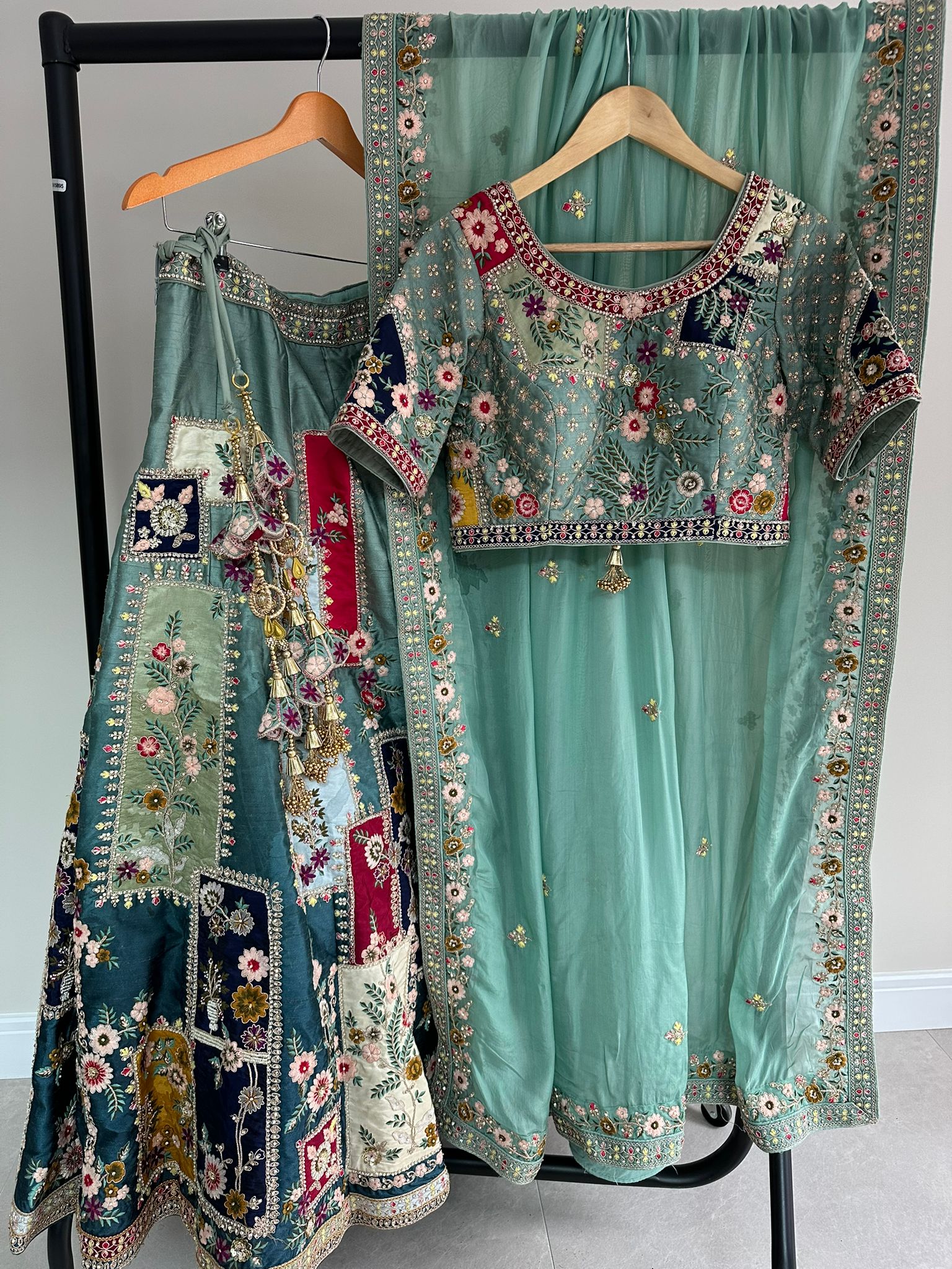 Pastel Green Multi-Coloured Embroidered Lengha with Dupatta