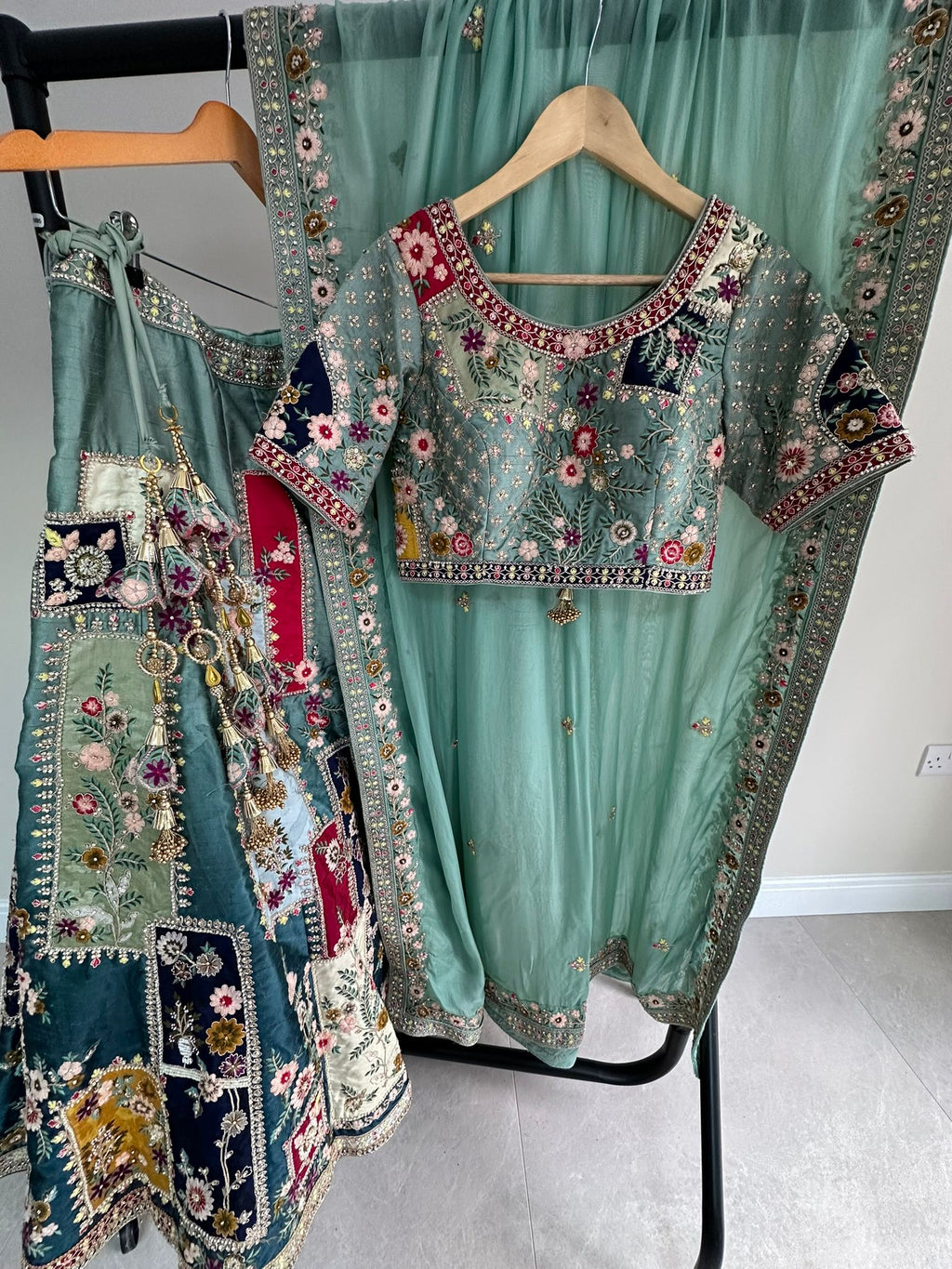 Pastel Green Multi-Coloured Embroidered Lengha with Dupatta