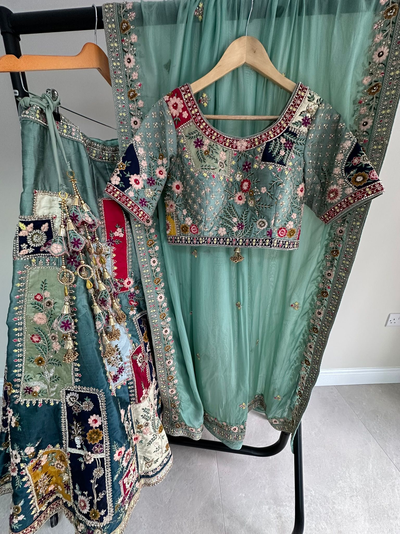 Pastel Green Multi-Coloured Embroidered Lengha with Dupatta