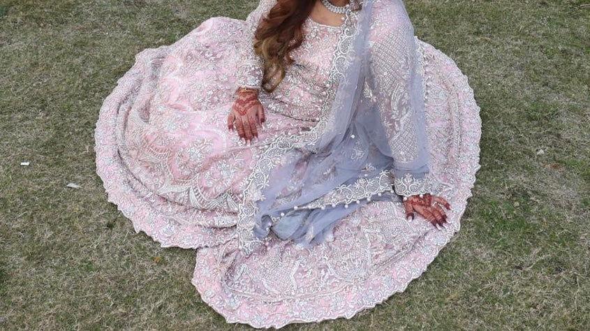 BlushPink & Grey trail dress with Heavy dupatta & embellished bag