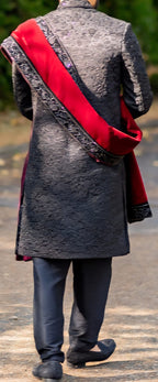 Geeta Arts Black Embroidered Sherwani with Velvet Maroon Dupatta