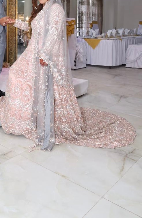 BlushPink & Grey trail dress with Heavy dupatta & embellished bag