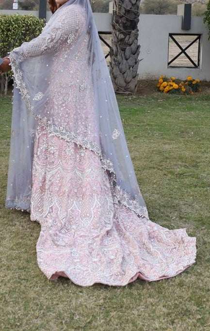 BlushPink & Grey trail dress with Heavy dupatta & embellished bag