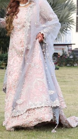 BlushPink & Grey trail dress with Heavy dupatta & embellished bag
