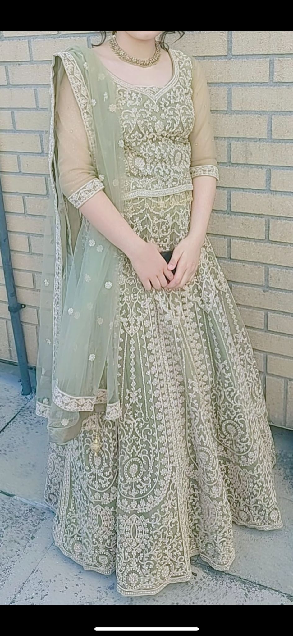 Sage green heavy embroidery Lengha