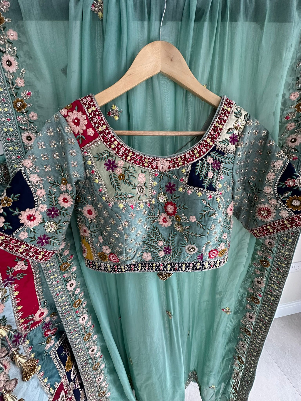 Pastel Green Multi-Coloured Embroidered Lengha with Dupatta