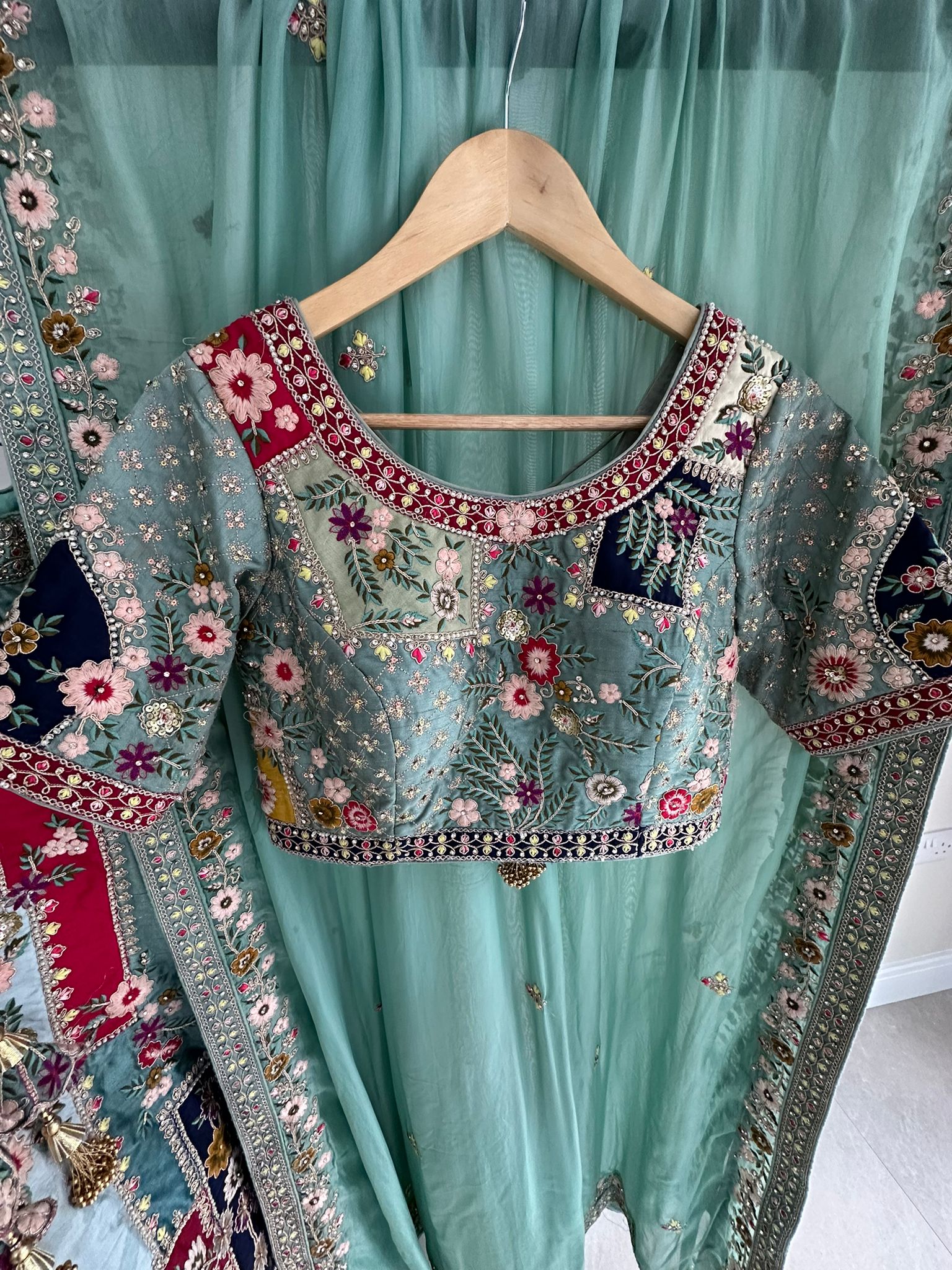 Pastel Green Multi-Coloured Embroidered Lengha with Dupatta