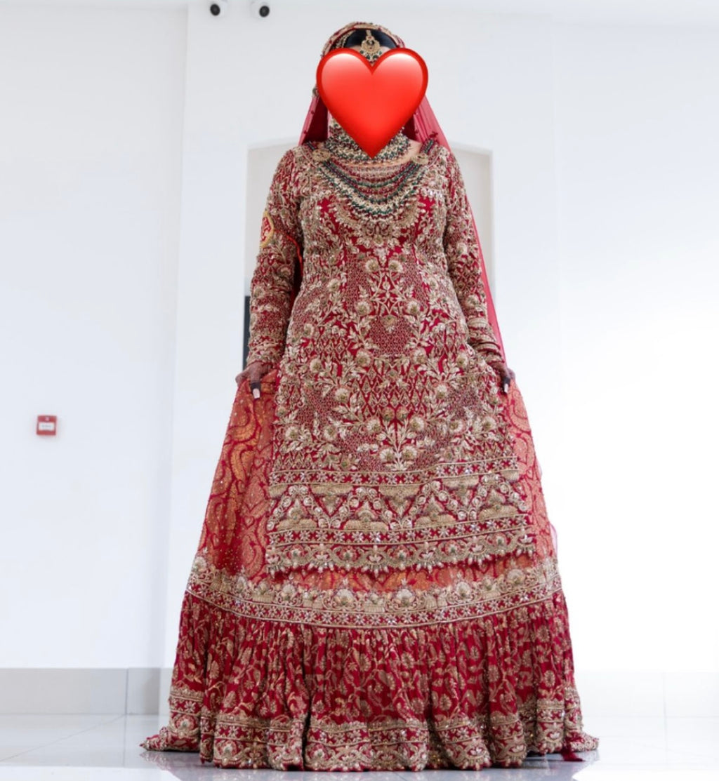 Khushboos Red, Gold & Green Bridal Lengha