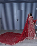 Heavy fully embroidered red Lengha with long veil