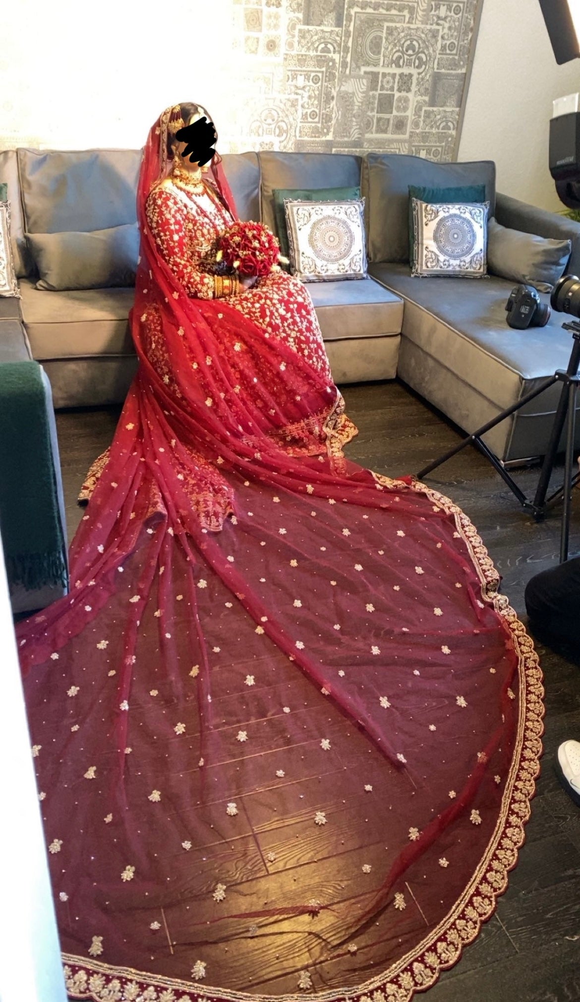 Heavy fully embroidered red Lengha with long veil