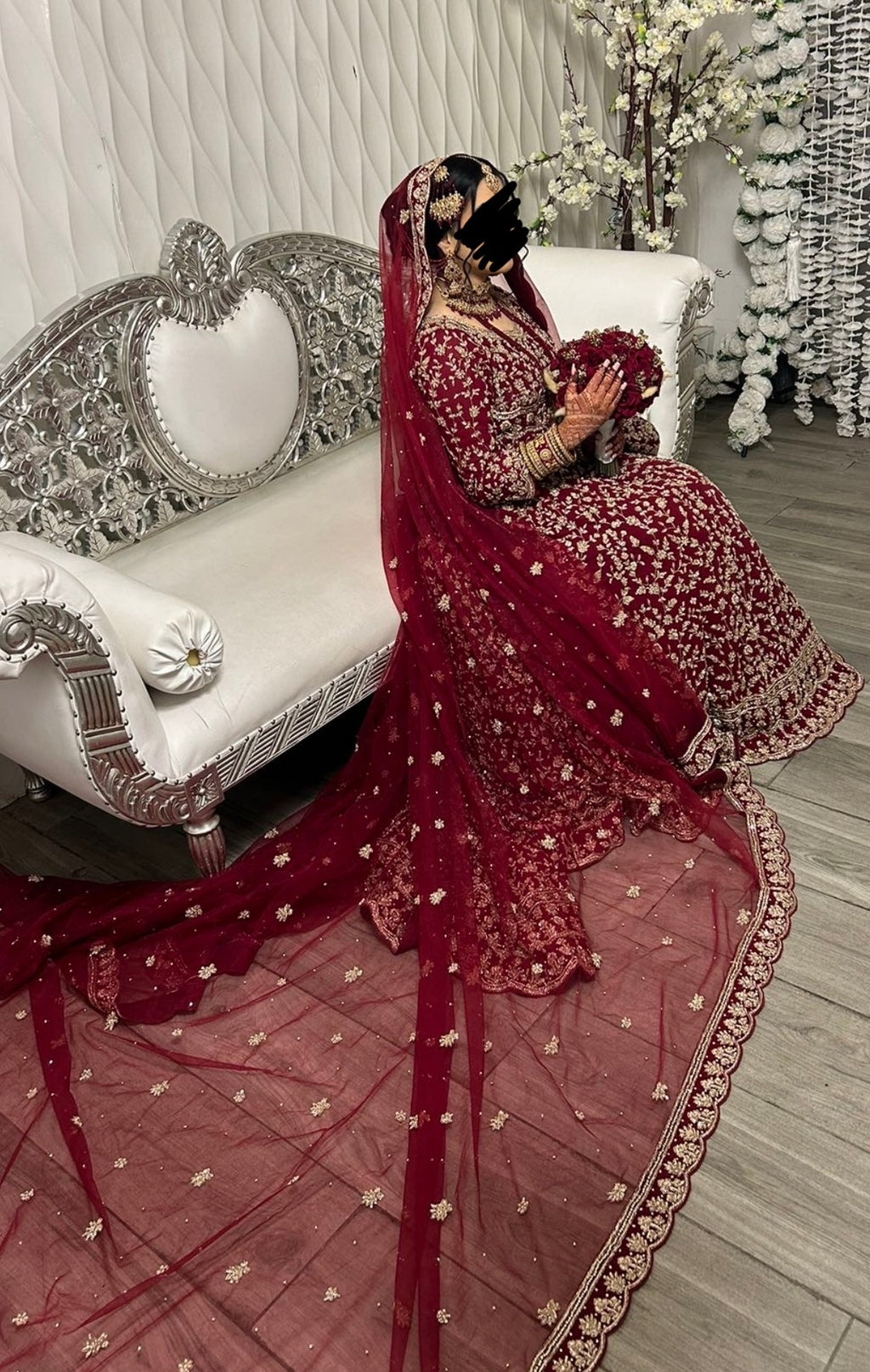 Heavy fully embroidered red Lengha with long veil