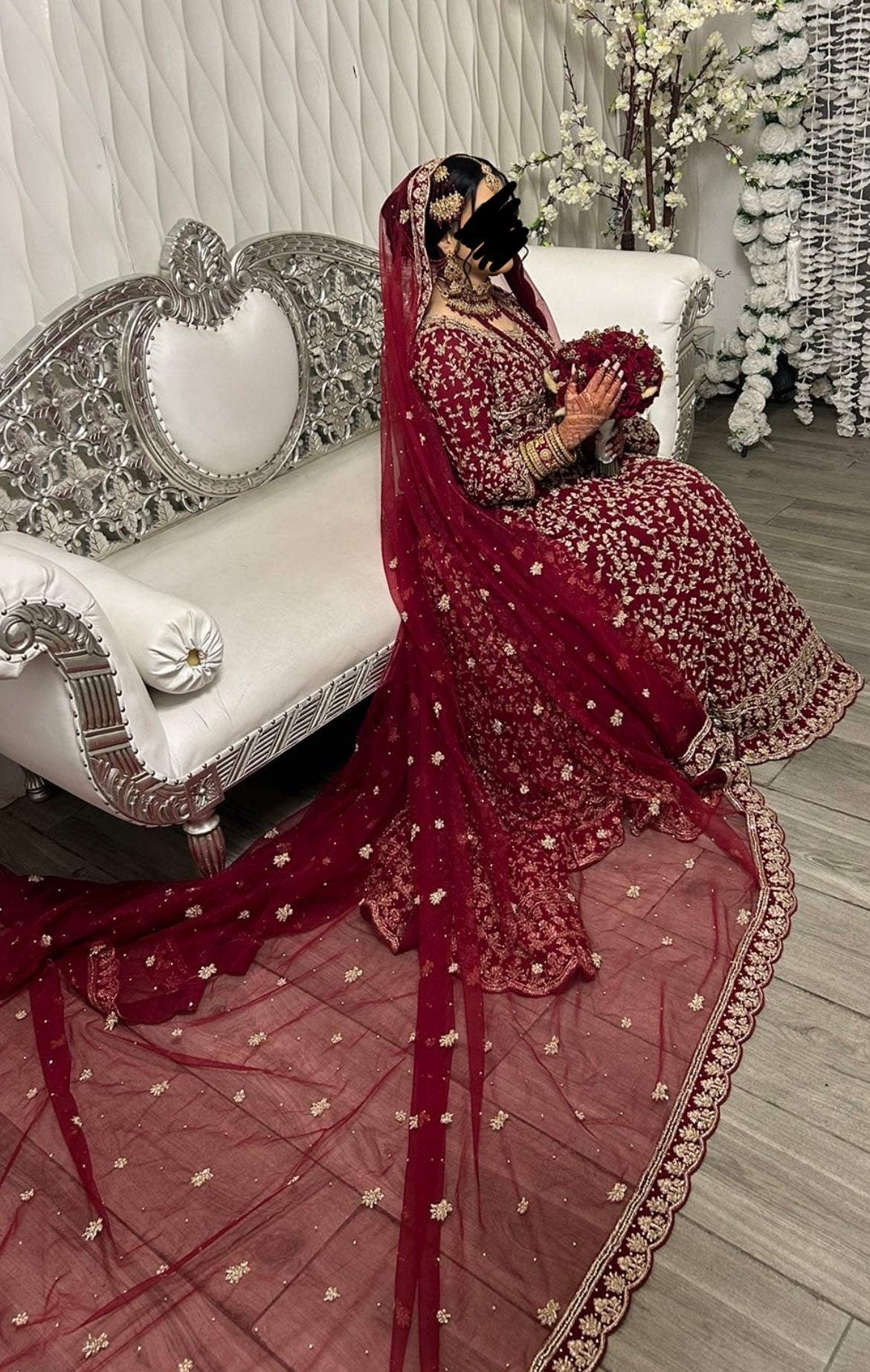 Heavy fully embroidered red Lengha with long veil