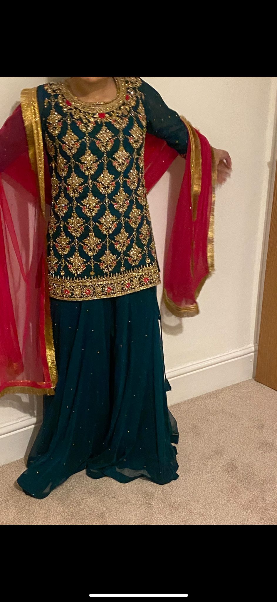 Green Sharara With Pink Scarf