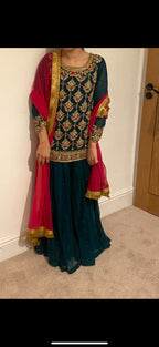 Green Sharara With Pink Scarf